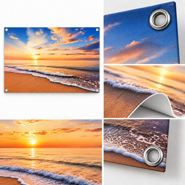Detail van waterbestendig PVC tuindoek met metalen bevestigingsringen