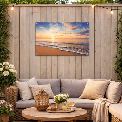 Tuinposter met zeezicht bij zonsondergang boven loungeset