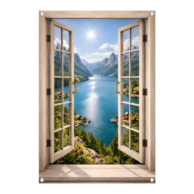 Tuinposter doorkijk naar bergmeer en bergen door houten raam