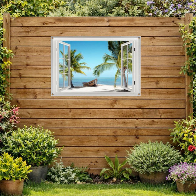 Tuinposter met doorkijk raam naar zee