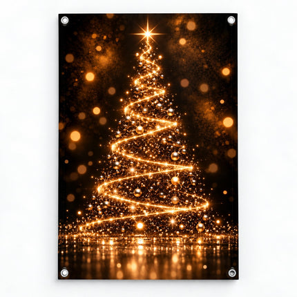 Tuinposter gouden kerstboom met fonkelende lichtjes op donkere achtergrond
