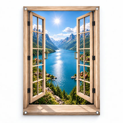 Tuinposter doorkijk naar bergmeer en bergen door houten raam