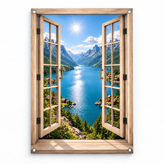 Tuinposter doorkijk naar bergmeer en bergen door houten raam