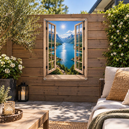 Tuinposter met bergmeer als sfeervolle doorkijk aan houten tuinschutting