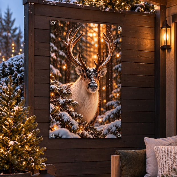 Tuinposter met rendier als sfeervolle winterdecoratie aan een schutting