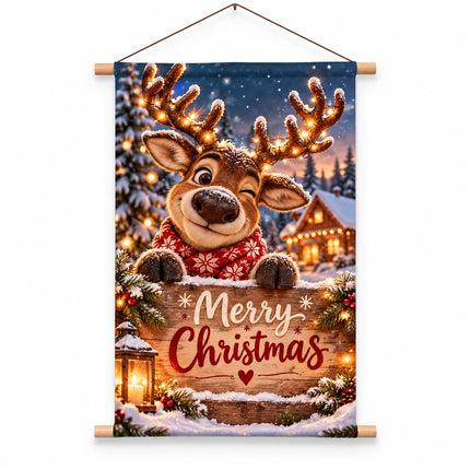 Kerst wanddoek Merry Christmas met vrolijk rendier 60 x 90 cm