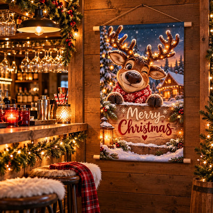 Kerst op doek met rendier en Merry Christmas inclusief beukenhouten stokken