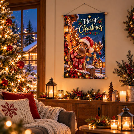 Grappig kerst wanddoek met eland en Merry Christmas tekst als sfeervolle wanddecoratie in een gezellige woonkamer