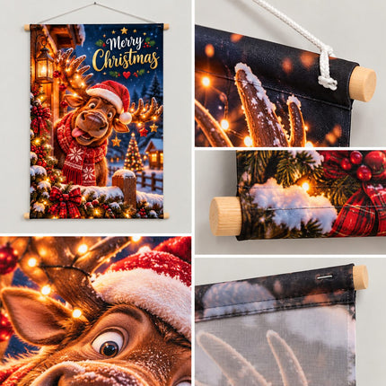 Detailfoto kerst wanddoek Merry Moose met bedrukte dekostof, houten stokken, ophangtouw en tunnelafwerking