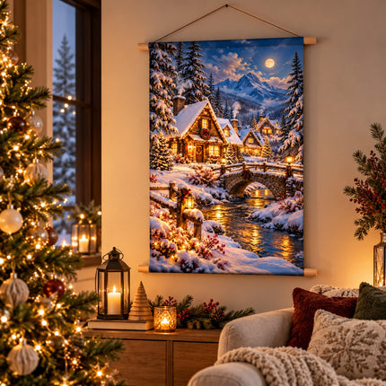 Kerst op doek met besneeuwd kerstdorp huisjes en brug