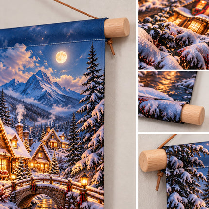 Winter kerstdorp textielposter met beukenhouten stokken en ophangtouw
