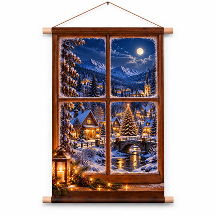 Kerst wanddoek kerstdorp door raam 60 x 90 cm