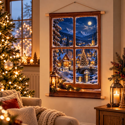 Kerst op doek met besneeuwd kerstdorp en verlichte huisjes