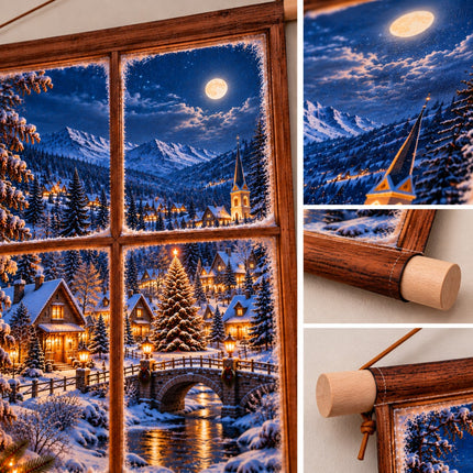 Textielposter kerstdorp met beukenhouten stokken en ophangtouw