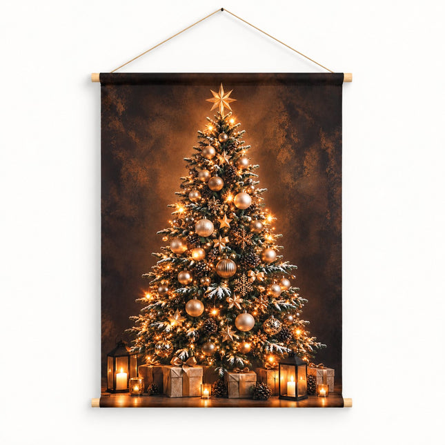 Wanddoek kerstboom Golden Christmas 50x75 cm met gouden kerstballen, houten stokken en ophangtouw.