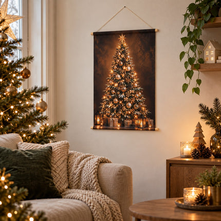 Kerst wanddoek met verlichte kerstboom in goudtinten aan de muur in een sfeervolle woonkamer.