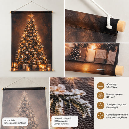 Detail van kerstboom wanddoek van 220 g/m² dekostof met houten stokken, ophangtouw en gestikte tunnels.