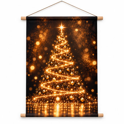 Wanddoek kerstboom Golden Glow 60 x 90 cm met beukenhouten stokken
