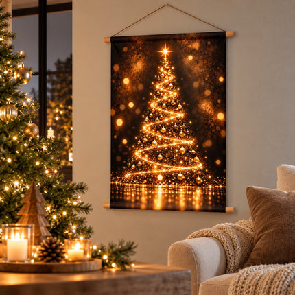Kerst wanddoek met gouden lichtjes en kerstboom aan de muur
