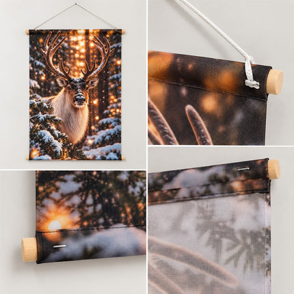 Detailfoto kerst wanddoek met houten roedes, ophangtouw, gestikte tunnels en bevestiging met nietjes.