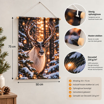 Wanddoek rendier 50 cm breed en 75 cm hoog van Dekostof 220 g/m² met houten roedes en ophangtouw.