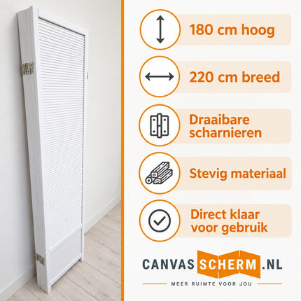 Wit houten kamerscherm met 5 panelen, 220 x 180 cm, draaibare metalen scharnieren en stevig houten frame. Direct gebruiksklaar.